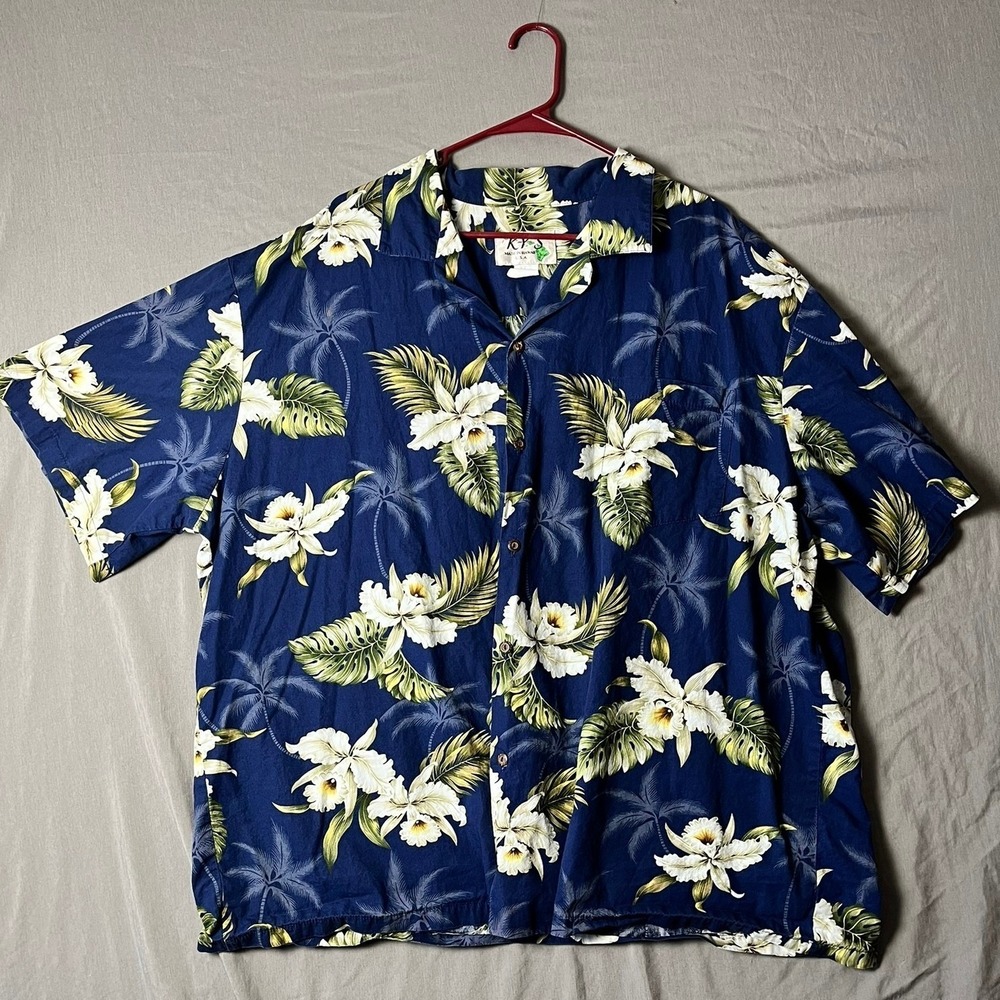 KY'S Shirt Men 3XL Vintage Hawaiian Button-Down Blue Floral Tropical Cotton EUC